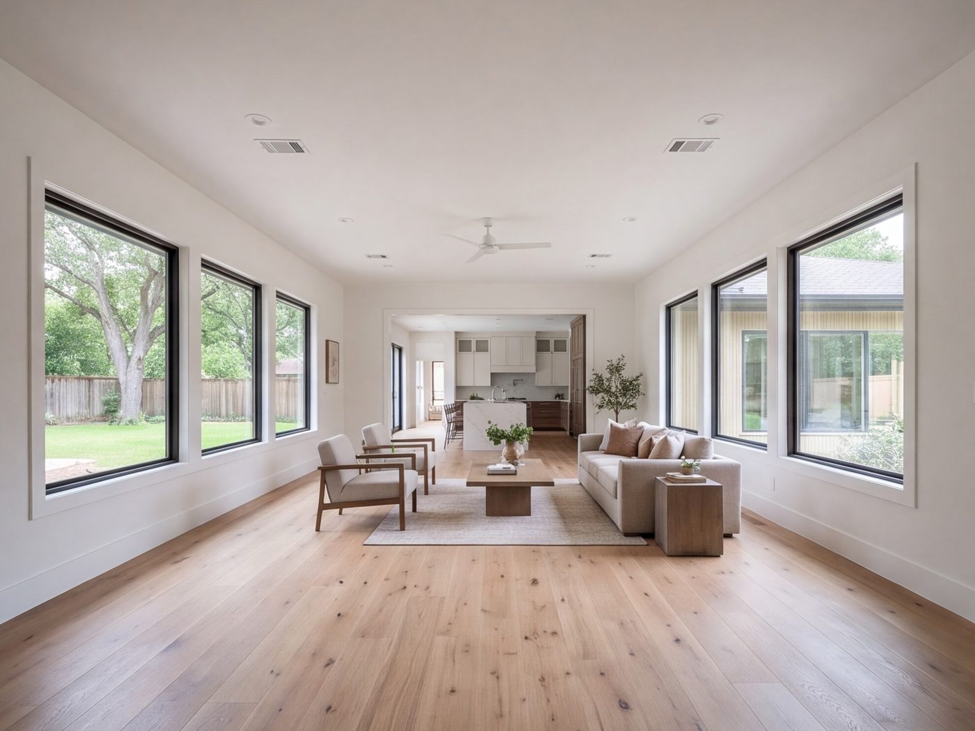 Opened ranch-house living space with new flooring running through to the kitchen