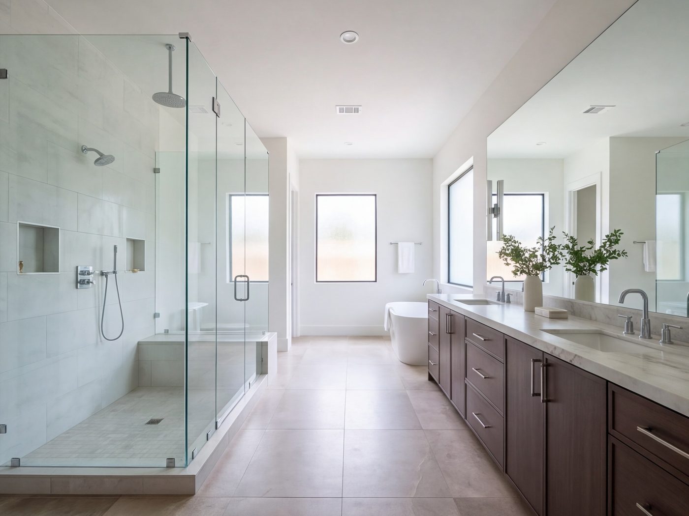 Primary bathroom with a walk-in glass shower and double vanity under a long mirror
