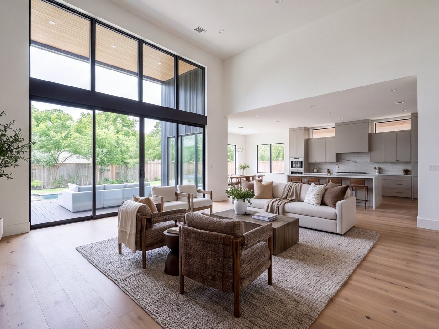 High ceilinged living room with wide plank floors flowing into the kitchen