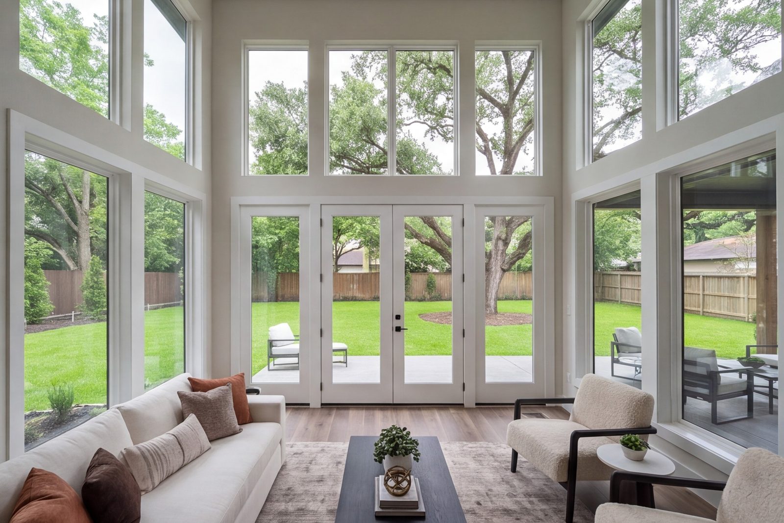 wide new family room addition with tall windows and doors opening to the back yard
