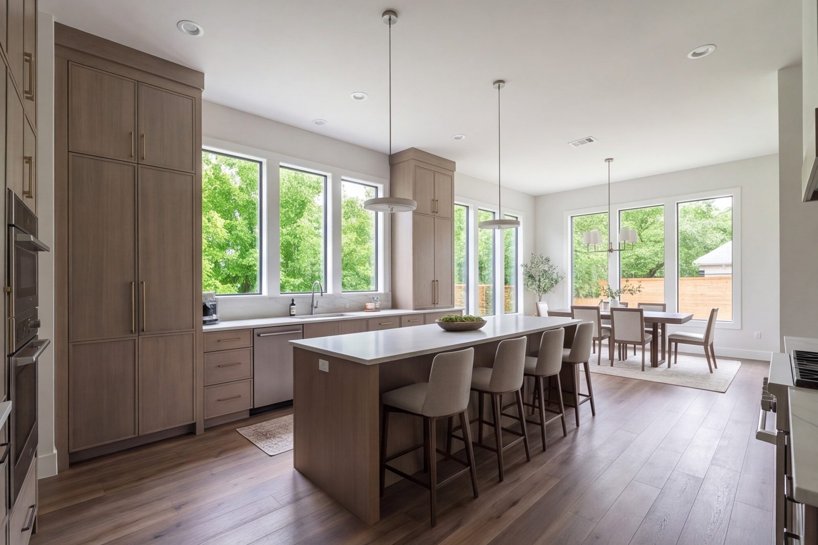 Wide modern kitchen with a long island and tall cabinets opening onto a family room